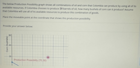 The below Production Possibility graph shows all combinations of oil and corn that Colombia can produce by using all of its
available resources. If Colombia chooses to produce 20 barrels of oil, how many bushels of corn can it produce? Assume
that Colombia will use all of its available resources to produce this combination of goods.
Place the moveable point at the coordinate that shows this production possibility.
Provide your answer below:
50
40
30
Production Possibility (70,30)