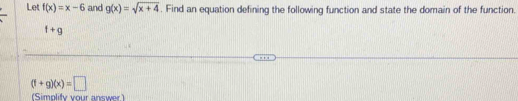 Let f(x)=x-6 and g(x)=sqrt(x+4). Find an equation defining the following function and state the domain of the function.
f+g
(f+g)(x)=□
(Simplify vour answer)