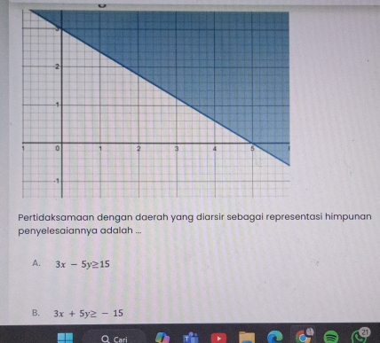 asi himpunan
penyelesaiannya adalah ...
A. 3x-5y≥ 15
B. 3x+5y≥ -15