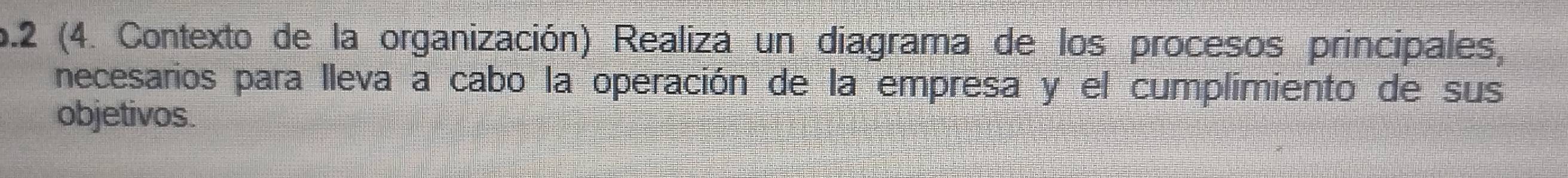 6.2 (4. Contexto de la organización) Realiza un diagrama de los procesos principales, 
necesarios para lleva a cabo la operación de la empresa y el cumplimiento de sus 
objetivos.