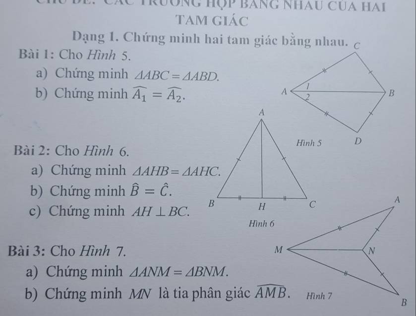 ác trường hợp bằng nhau cua hai
Tam giác
Dạng 1. Chứng minh hai tam giác bằng nhau.
Bài 1: Cho Hình 5.
a) Chứng minh △ ABC=△ ABD.
b) Chứng minh widehat A_1=widehat A_2.
Bài 2: Cho Hình 6.
a) Chứng minh △ AHB=△ AHC.
b) Chứng minh hat B=hat C.
c) Chứng minh AH⊥ BC.
Hình 6
Bài 3: Cho Hình 7. 
a) Chứng minh △ ANM=△ BNM.
b) Chứng minh MN là tia phân giác