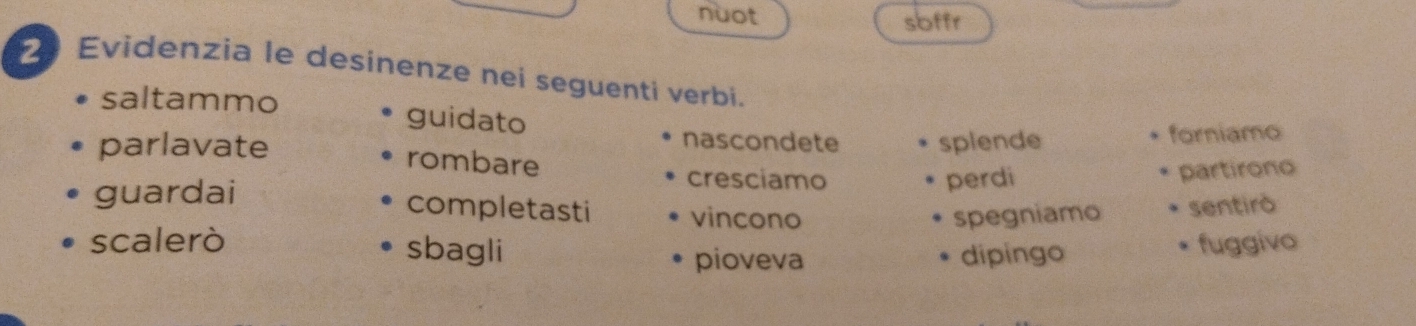 nuot 
soffr 
2 Evidenzia le desinenze nei seguenti verbi. 
saltammo guidato 
parlavate splende forniamo 
nascondete 
rombare 
cresciamo perdi 
partirono 
guardai completasti vincono 
spegniamo sentirò 
scalerò sbagli fuggivo 
pioveva dipingo