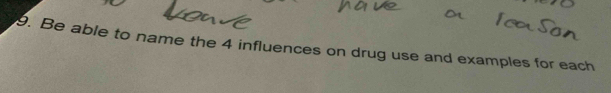 Be able to name the 4 influences on drug use and examples for each