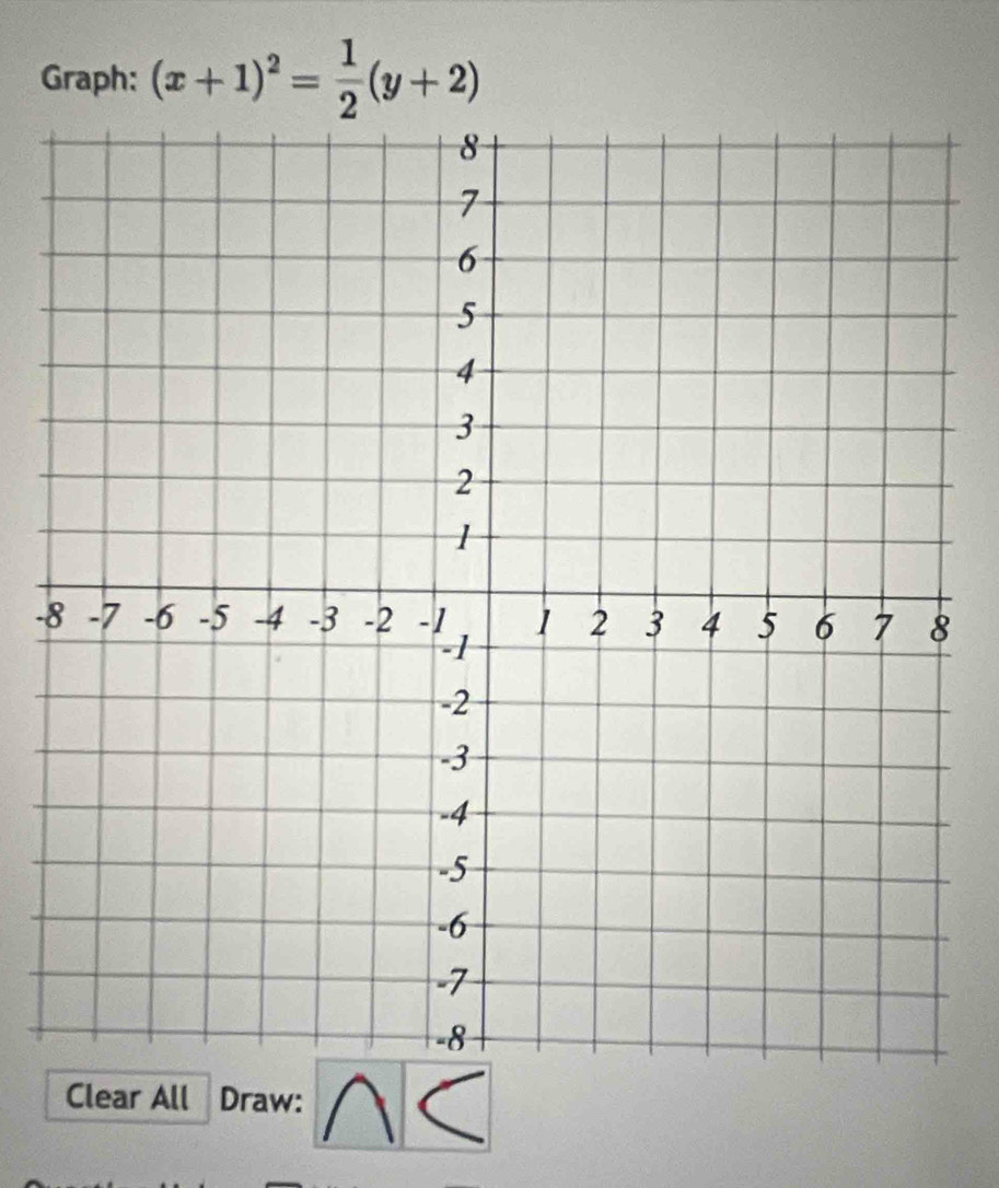 Graph: (x+1)^2= 1/2 (y+2)
- 
Clear All Draw: