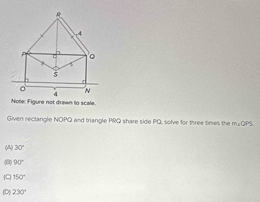 Note: Figure not drawn to scale.
Given rectangle NOPQ and triangle PRQ share side PQ, solve for three times the m∠ QPS.
(A) 30°
(B) 90°
(C) 150°
(D) 230°