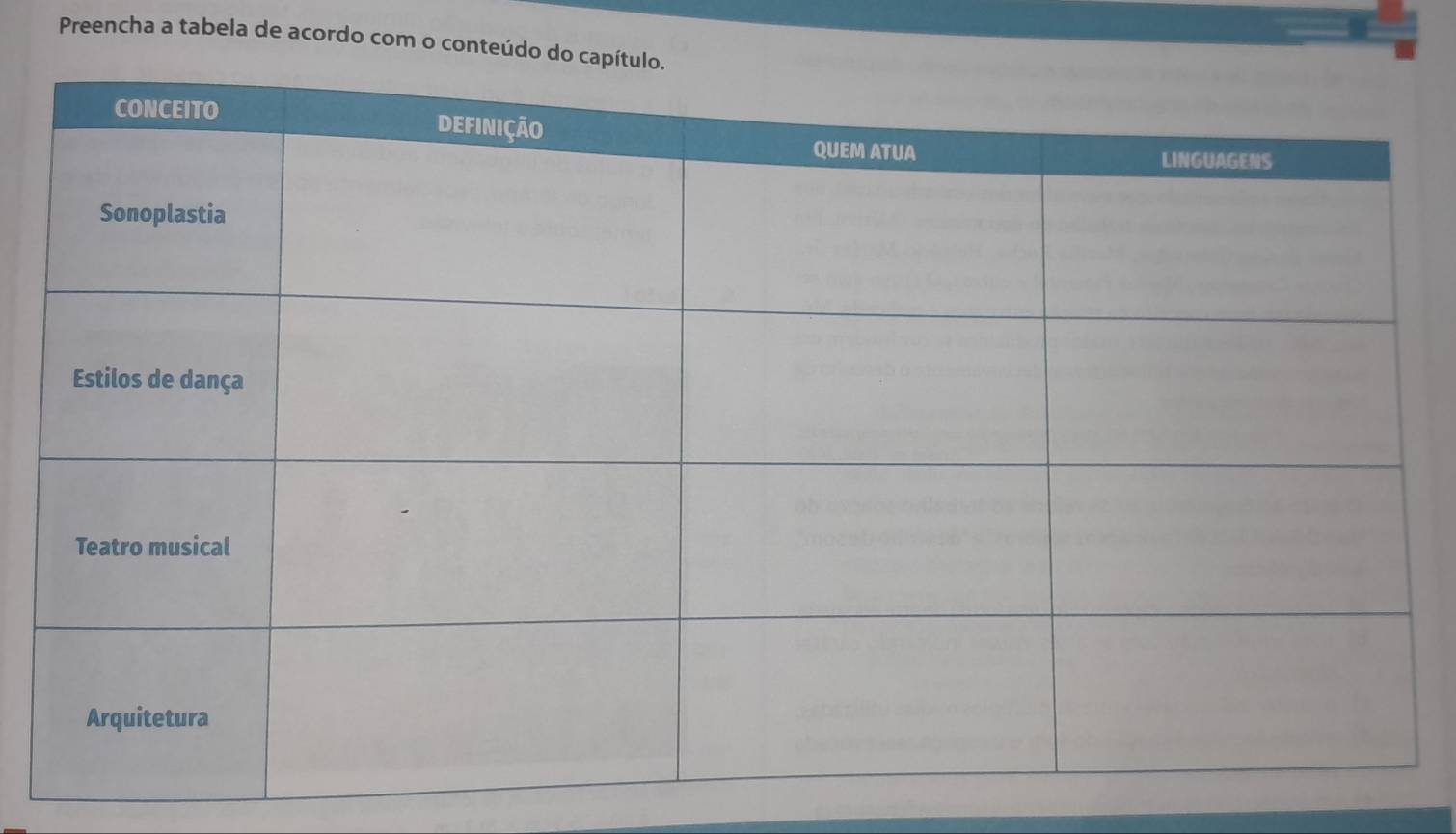 Preencha a tabela de acordo com o conteúdo do ca