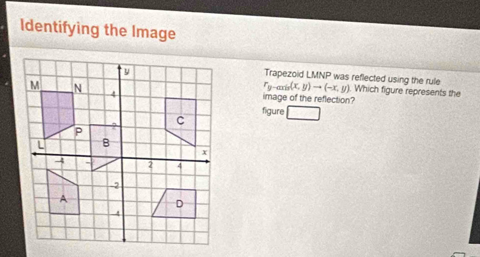 Identifying the Image 
Trapezoid LMNP was reflected using the rule
r_y-axis(x,y)to (-x,y). Which figure represents the 
image of the reflection? 
figure