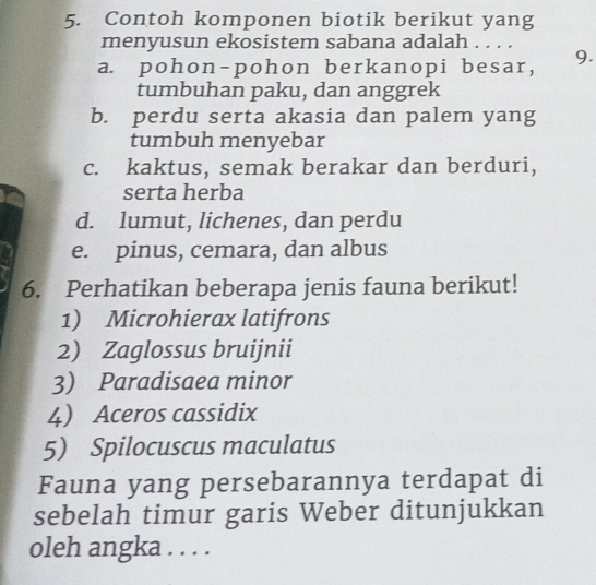 Contoh komponen biotik berikut yang
menyusun ekosistem sabana adalah . . . .
a. pohon-pohon berkanopi besar, 9.
tumbuhan paku, dan anggrek
b. perdu serta akasia dan palem yang
tumbuh menyebar
c. kaktus, semak berakar dan berduri,
serta herba
d. lumut, lichenes, dan perdu
e. pinus, cemara, dan albus
6. Perhatikan beberapa jenis fauna berikut!
1) Microhierax latifrons
2) Zaglossus bruijnii
3) Paradisaea minor
4 Aceros cassidix
5 Spilocuscus maculatus
Fauna yang persebarannya terdapat di
sebelah timur garis Weber ditunjukkan
oleh angka . . . .