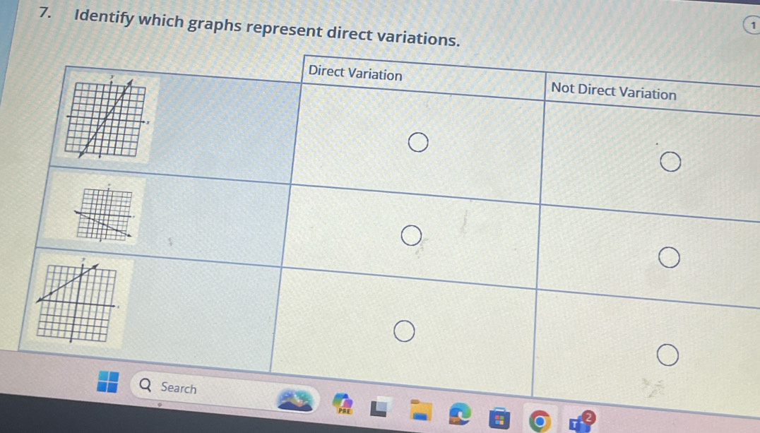 Identify which graphs represent direct variatio 
1