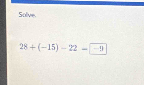 Solve.
28+(-15)-22=-9