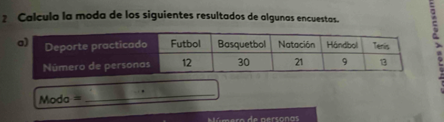 Calcula la moda de los siguientes resultados de algunas encuestas. 
Moda = 
_ 
Número de personas