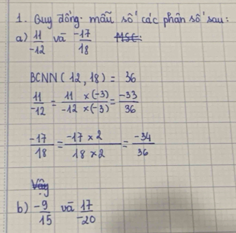 Guy doing· maái só`càc phān só`sau: 
a)  11/-12  vá  (-17)/18 
BCNN (12,18)=36
 11/-12 = (11* (-3))/-12* (-3) = (-33)/36 
 (-17)/18 = (-17* 2)/18* 2 = (-34)/36 
6) - 9/15  vā  17/-20 