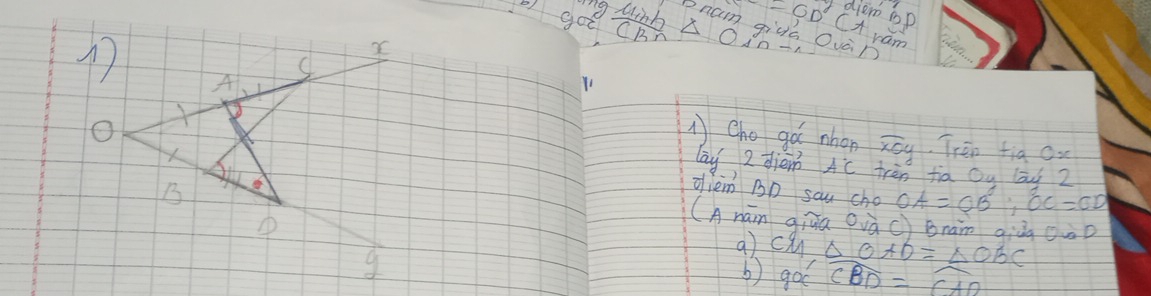 op 
ing winh CD°C ram 
CBn △ O'D- Ovàn 
Cho gá nhon overline xoy Tren fig Ox
lay 2 dièn AC tràn fa Qu lāi 2 
diem BD sau cho OA=OB:OC=CD
(Anán giāa Qiàc) Bràm qiùn ou 
a) ca △ OAD=△ OB=
b) goo widehat CBD=CAD