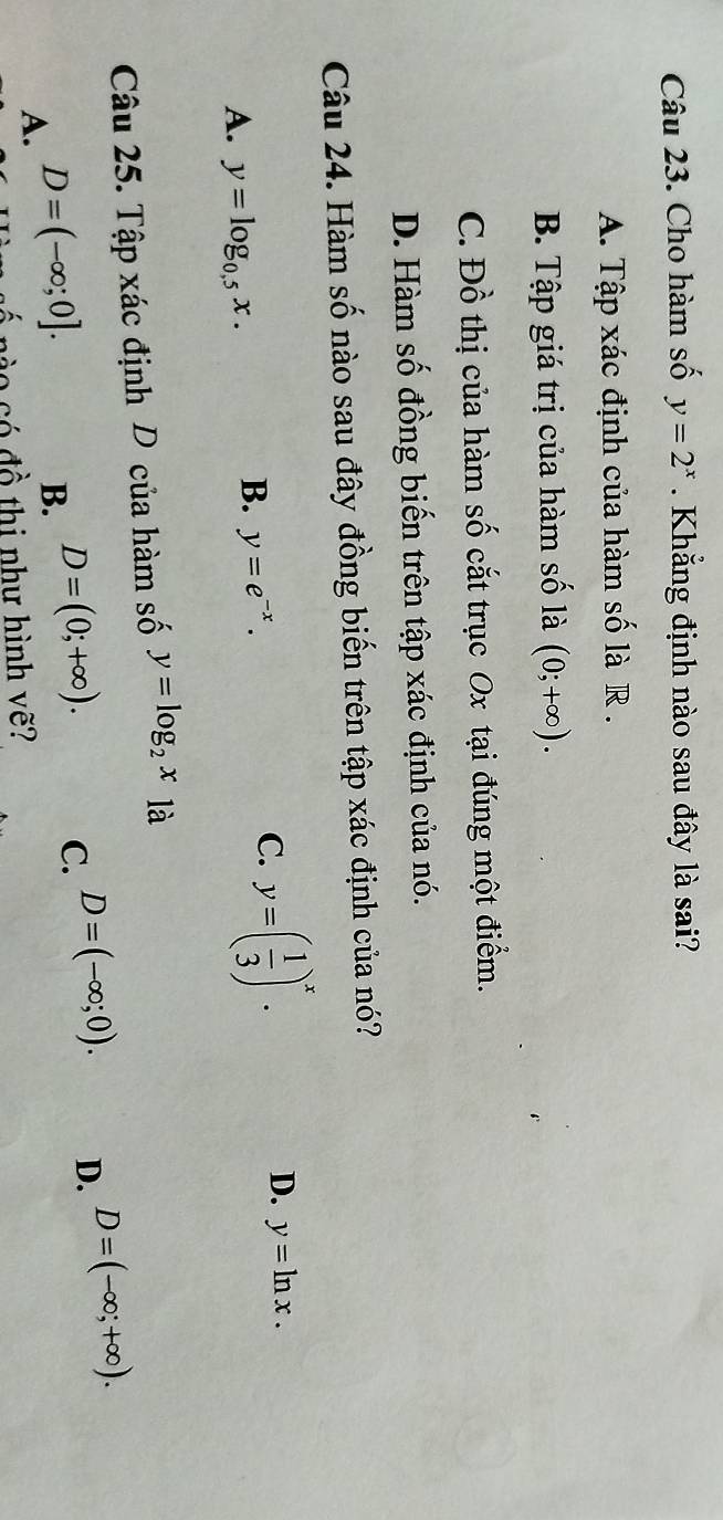 Cho hàm số y=2^x Khẳng định nào sau đây là sai?
A. Tập xác định của hàm số là R .
B. Tập giá trị của hàm số là (0;+∈fty ).
C. Đồ thị của hàm số cắt trục Ox tại đúng một điểm.
D. Hàm số đồng biến trên tập xác định của nó.
Câu 24. Hàm số nào sau đây đồng biến trên tập xác định của nó?
C. y=( 1/3 )^x.
D. y=ln x.
A. y=log _0.5x.
B. y=e^(-x). 
Câu 25. Tập xác định D của hàm số y=log _2x là
C. D=(-∈fty ;0). D. D=(-∈fty ;+∈fty ).
A. D=(-∈fty ;0]. 
B. D=(0;+∈fty ). 
n o có đồ thị như hình vẽ?