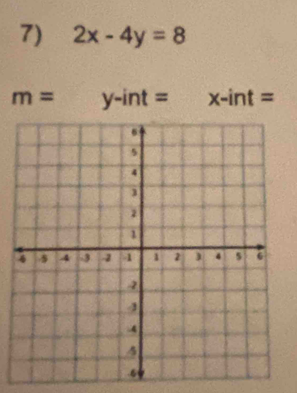 2x-4y=8
m=y-int= =□° x-int=