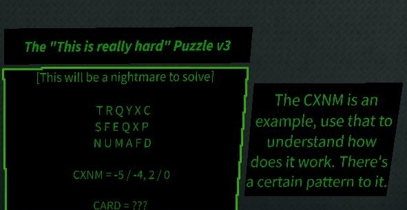 The "This is really hard" Puzzle k 3 
[This will be a nightmare to solve] 
The CXNM is an
TRQYXC
SFEQXP 
example, use that to
N∪ MAFD understand how 
does it work. There's
CXNM=-5/-4, 2/0
a certain pattern to it.
CARD=??