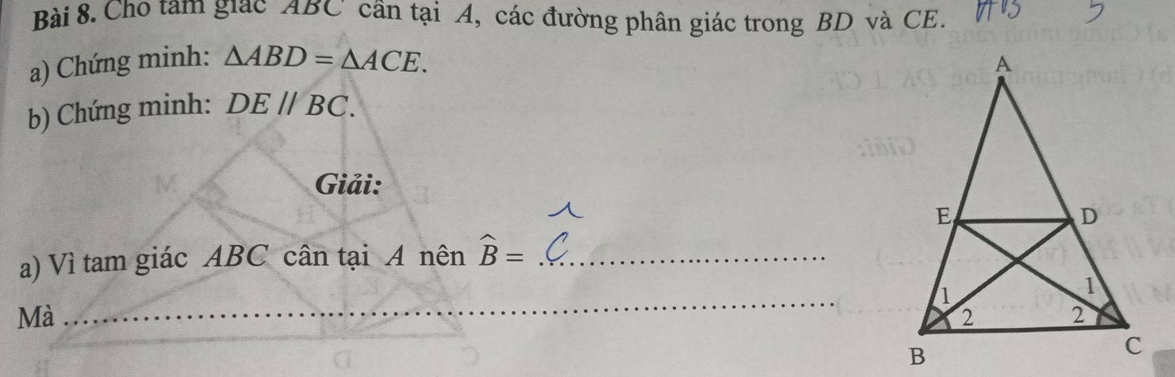 Cho tam giac ABC cần tại A, các đường phân giác trong BD và CE. VTS 
a) Chứng minh: △ ABD=△ ACE. 
b) Chứng minh: DEparallel BC. 
Giải: 
a) Vì tam giác ABC cân tại A nên widehat B= _ 
_ 
Mà_