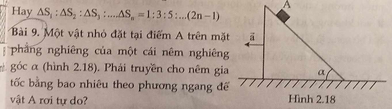 Hay △ S_1:△ S_2:△ S_3:...△ S_n=1:3:5:...(2n-1)
Bài 9. Một vật nhỏ đặt tại điểm A trên mặt
phẳng nghiêng của một cái nêm nghiêng
mgóc α (hình 2.18). Phải truyền cho nêm gia
tốc bằng bao nhiêu theo phương ngang đế
vật A rơi tự do?