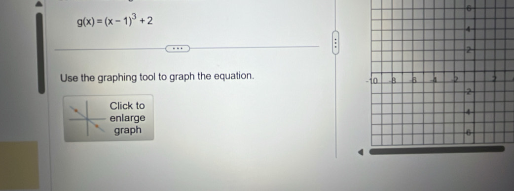 6
g(x)=(x-1)^3+2
Use the graphing tool to graph the equation. 
Click to 
enlarge 
graph