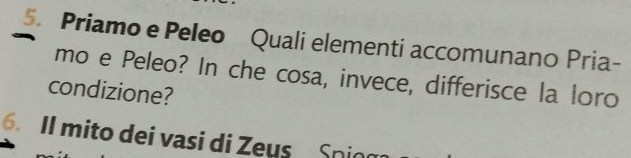 Priamo e Peleo Quali elementi accomunano Pria- 
mo e Peleo? In che cosa, invece, differisce la loro 
condizione? 
6. Il mito dei vasi di Zeus Snid