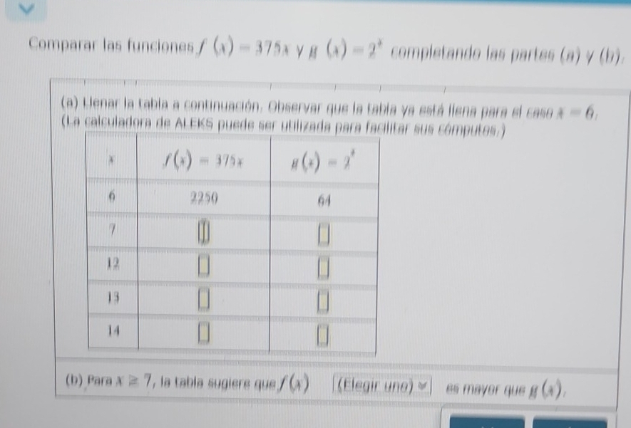 Comparar las funciones f(x)=375x g(x)=2^x completando las partes (a j y(b)
(a) Lenar la tabla a continuación. Observar que la tabía ya está liena para el a cos θ x=6,
(La calculadora de ALEtar sus cómputes.)
(b) Para x≥ 7 , la tabla sugiere que f(x) (Elegir una) es mayer que g(x).