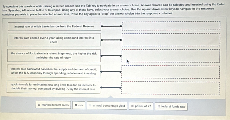 To complete this question while utilizing a screen reader, use the Tab key to navigate to an answer choice. Answer choices can be selected and inserted using the Enter 
key, Spacebar, left mouse button or touchpad. Using any of these keys, select your answer choice. Use the up and down arrow keys to navigate to the response 
container you wish to place the selected answer into. Press the key again to "drop" the answer choice into the response container. 
interest rate at which banks borrow from the Federal Reserve 
interest rate earned over a year taking compound interest into 
effect 
the chance of fluctuation in a return; in general, the higher the risk 
the higher the rate of return 
interest rate calculated based on the supply and demand of credit; 
affect the U.S. economy through spending, inflation and investing 
quick formula for estimating how long it will take for an investor to 
double their money, computed by dividing 72 by the interest rate 
: market interest rates :: risk # annual percentage yield # power of 72 : federal funds rate