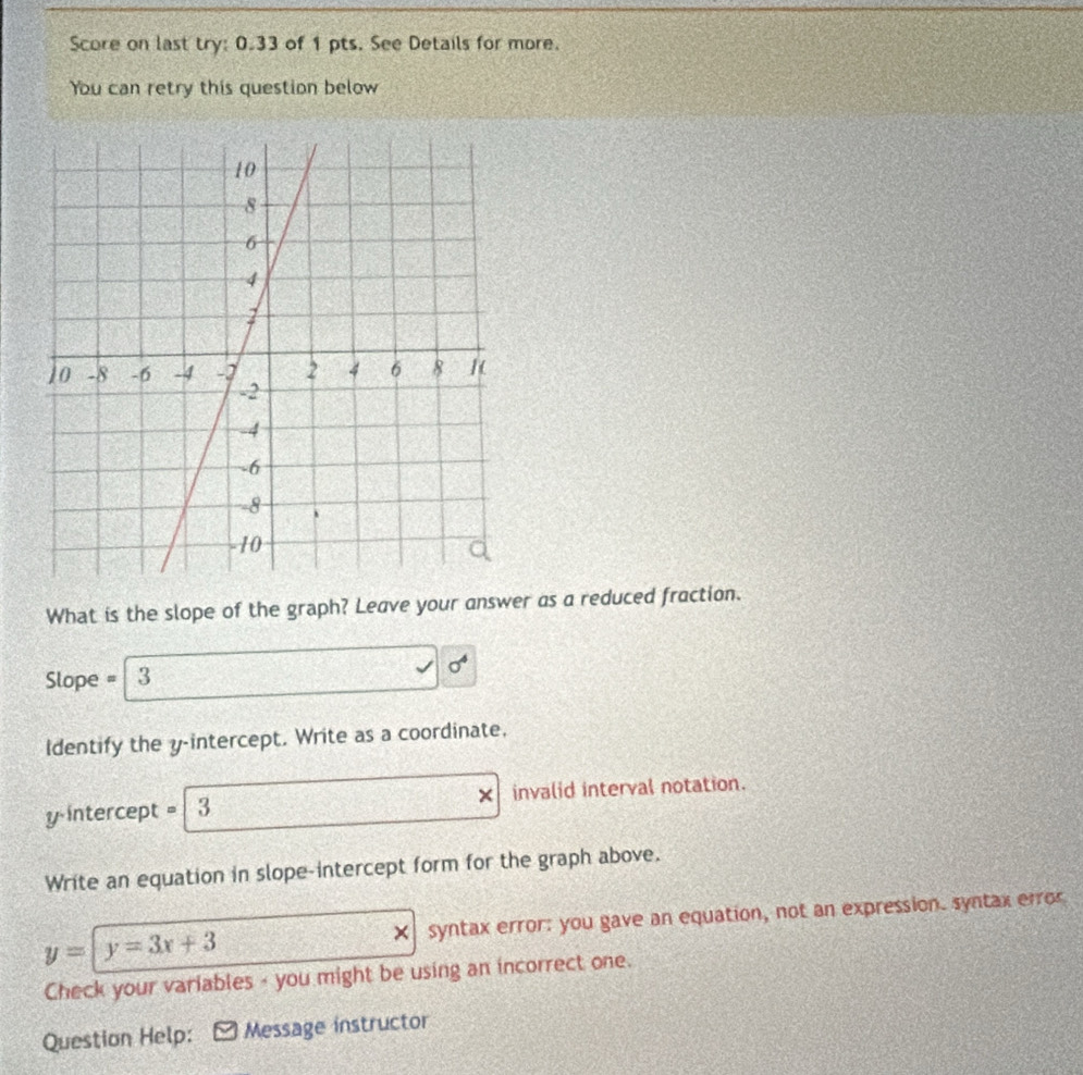 Score on last try: 0.33 of 1 pts. See Details for more.
You can retry this question below
What is the slope of the graph? Leave your answer as a reduced fraction.
Slope = 3
sigma^4
Identify the y-intercept. Write as a coordinate.
×
y intercept = 3 invalid interval notation.
Write an equation in slope-intercept form for the graph above.
y=y=3x+3 X syntax error: you gave an equation, not an expression. syntax error
Check your variables - you might be using an incorrect one.
Question Help: Message instructor