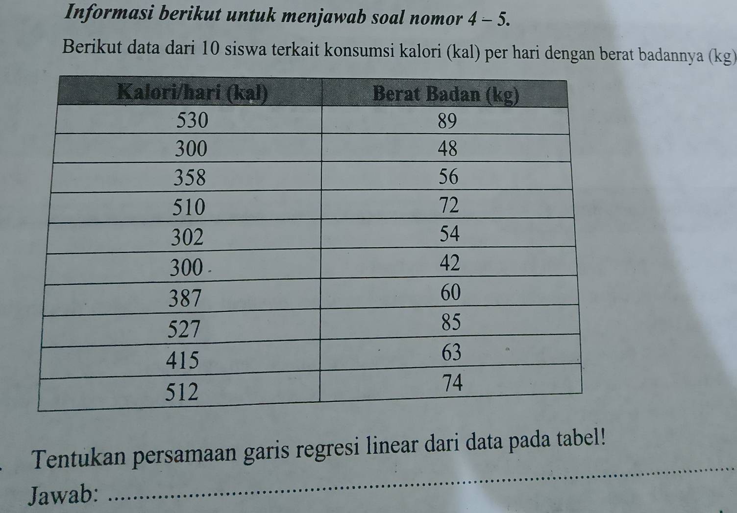 Informasi berikut untuk menjawab soal nomor 4 - 5. 
Berikut data dari 10 siswa terkait konsumsi kalori (kal) per hari dengan berat badannya (kg) 
_ 
Tentukan persamaan garis regresi linear dari data pada tabel! 
Jawab: