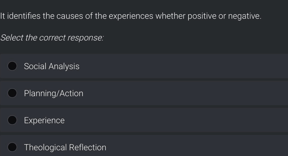 It identifies the causes of the experiences whether positive or negative.
Select the correct response:
Social Analysis
Planning/Action
Experience
Theological Reflection