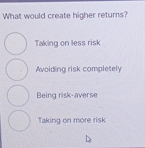 What would create higher returns?
Taking on less risk
Avoiding risk completely
Being risk-averse
Taking on more risk