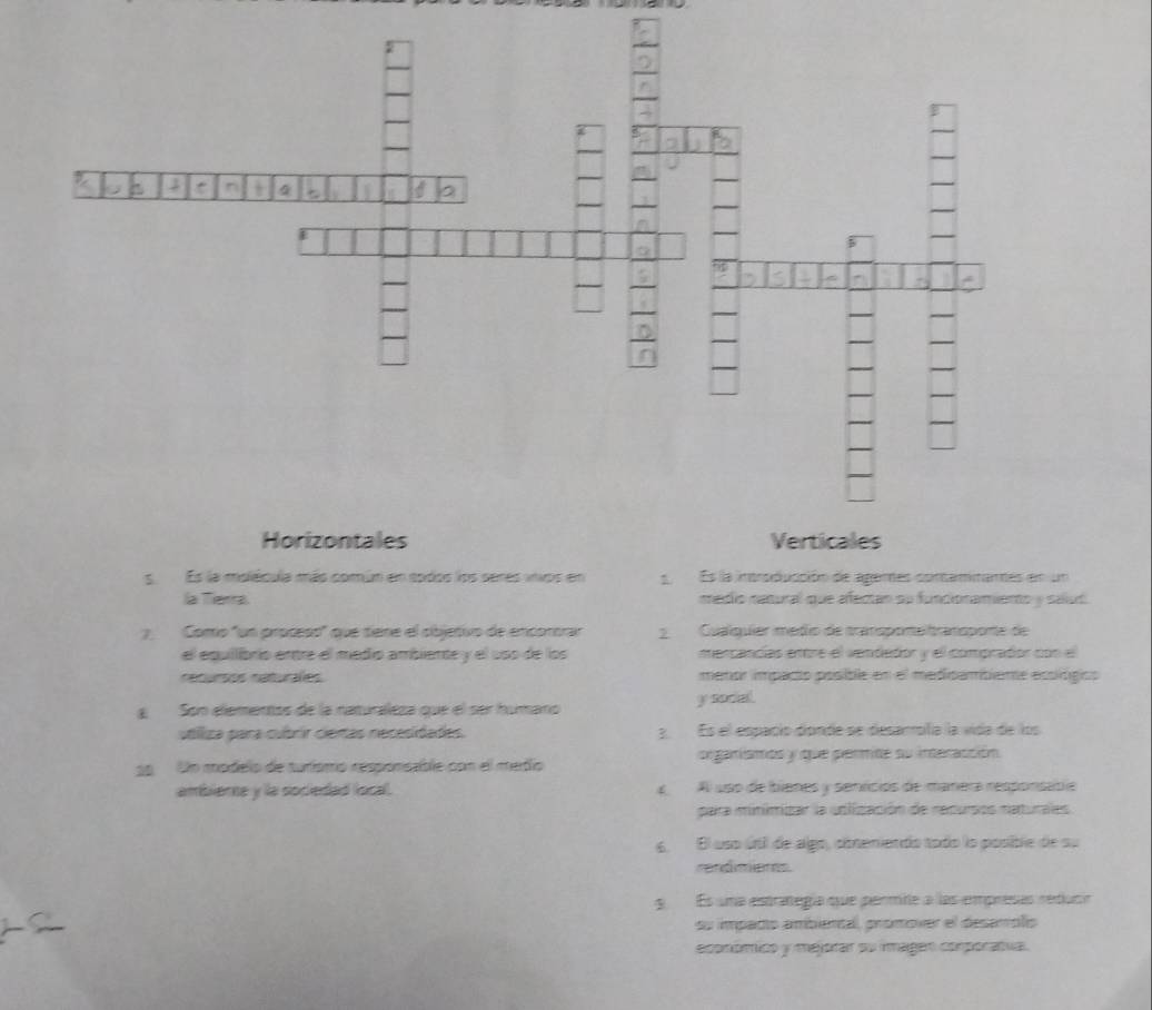 Es la molécula más común en sodos los seres vivos en s Es la introducción de agemes contamitantes en un
la Tierra. medio natural que afectan su fundionamiento y salud.
7. Como "un process" que sene el objetivo de encontrar 2Cualquier médio de transpone transporte de
el equilbrio entre el medio ambiente y el uso de los mercancías entre el vendedor y ell comprador con el
recursos naturales menor impacto posible en el medicambiemte esológico
a Son elementos de la naturaleza que el ser húmano yrocal
utliza para cubrir ciertas necesidades. 3 Es el españío donde se desarrolía la vida de los
20 Un modelo de turismo responsable con el metlo organismos y que permite su ineracción
ambierne y la sociedad local. aAl uso de itienes y senícios de manera responsíble
para minimizar la utlización de recursos naturales
6. El uso úntil de algo, cmeniendo todo lo posible de su
randimieres.
3 Es una estranegía que permine a las empresas reducin
su impadto ambiental, promover el deserólio
económico y mejotar su imagen comporatua.