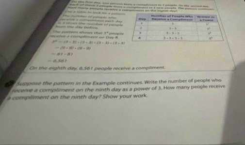 Oo the frst day, one person fests a compdiment to 3 peeple. On the second dry
ee a of teme a pioble teats a compioment to 1 nee poople. The pasor commes
Aery rargy people recerce a compliment an the sighan day 
The number of people who L o à nble to fock foe a parter
céceive à complment each day
fom the day before.    s ties the mumber of people
The pattern shows that 3°
receie a compliment on Day B. people
3^2-(3+3)+(3+3)* (3* 3)+(3* 3)
-(9+9)+(9+9)
=81· 81
-6.561
On the eighth day, 6,561 people receive a compliment.
a Suppose the pattern in the Example continues. Write the number of people who
receive a compliment on the ninth day as a power of 3. How many people receive
a compliment on the ninth day? Show your work.