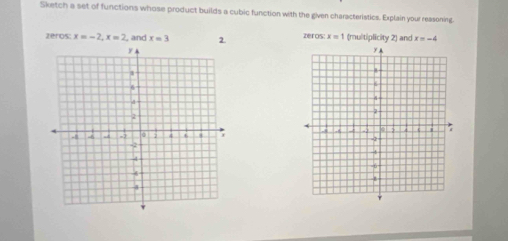 Sketch a set of functions whose product builds a cubic function with the given characteristics. Explain your reasoning 
zeros: x=-2, x=2 , and x=3 2. zeros: x=1 (multiplicity 2) and x=-4