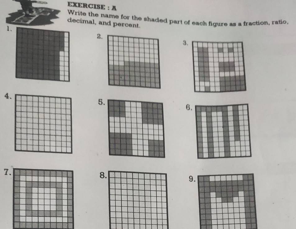 EXERCISE : A 
Write the name for the shaded part of each figure as a fraction, ratio, 
decimal, and percent. 
1. 
2 
3 
4 
5 
6 
7. 
8 
9.