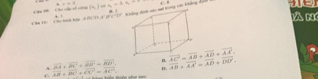 y=3
Cân 10: Cho cấp số cộng (0,) co u_2=alpha , u_3= C. 8
us
B 2
Căn U: Cho hình hộp ABC D A'B'C'D' trong các khẳng định
A. 1làn
A. vector BA+vector BC+vector BB'=vector BD'.
B. vector AC'=vector AB+vector AD+vector AA'. vector AB+vector AA'=vector AD+vector DD'.
C. vector AB+vector BC+vector CC'=vector AC'. 
D.
b à ng biển thiên như sau: