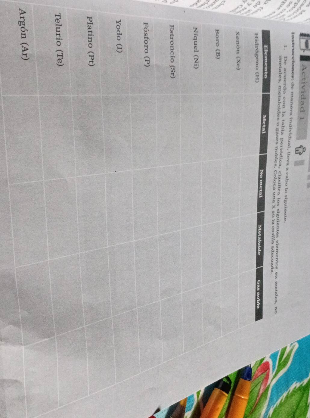 Actividad 1 
Instrucciones: de manera individual, lleva a cabo lo siguiente. 
E 
1. De acuerdo con la tabla periódica 
B y 
met 
a 
6 
T 
A