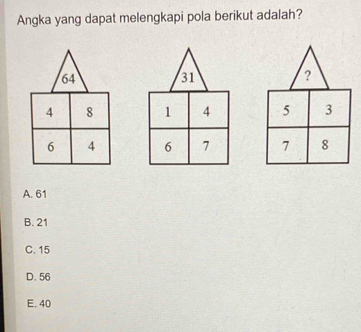 Angka yang dapat melengkapi pola berikut adalah?
31
1 4
6 7
A. 61
B. 21
C. 15
D. 56
E. 40