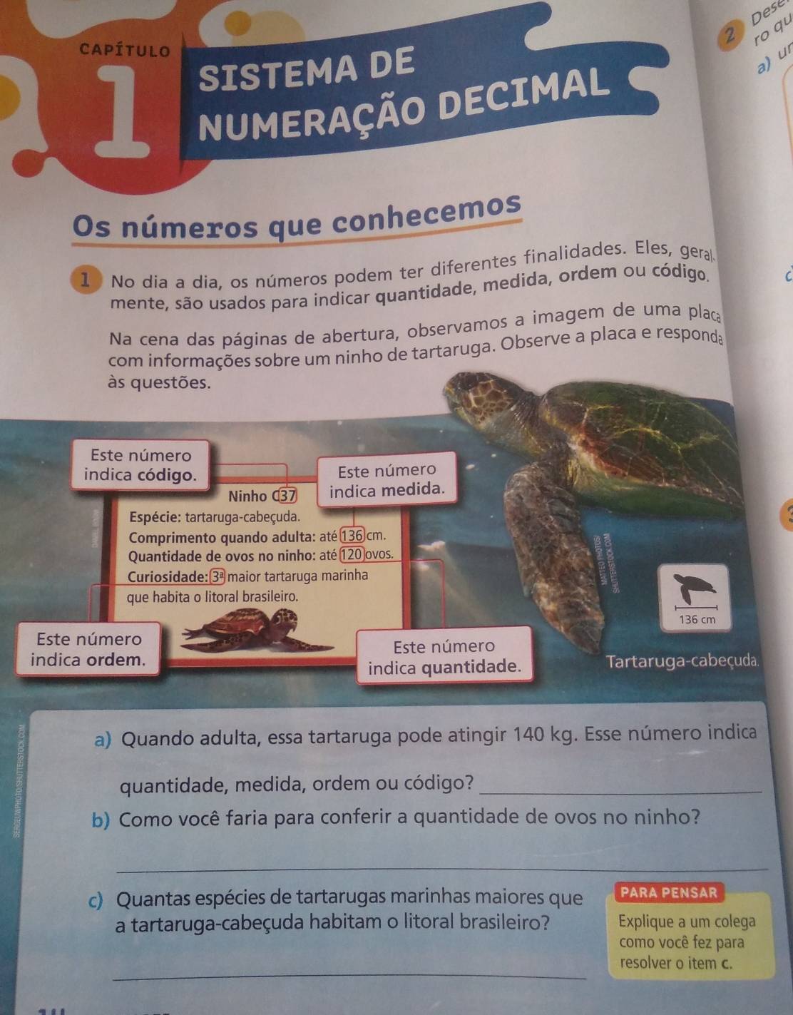 Dese 
ro qu 
Capítulo 
a) u 
1 
SISTEMADE 
NUMERAÇÃO DECIMAL 
Os números que conhecemos 
1 No dia a dia, os números podem ter diferentes finalidades. Eles, geral 
mente, são usados para indicar quantidade, medida, ordem ou código. 
C 
Na cena das páginas de abertura, observamos a imagem de uma placa 
com informações sobre um ninho de tartaruga. Observe a placa e responda 
às questões. 
Este número 
indica código. Este número 
Ninho C37 indica medida. 
Espécie: tartaruga-cabeçuda. 
Comprimento quando adulta: até 136 cm. 
Quantidade de ovos no ninho: até 120 ovos. 
Curiosidade: 3ª maior tartaruga marinha 
que habita o litoral brasileiro.
136 cm
Este número 
indica ordem. Este número 
indica quantidade. Tartaruga-cabeçuda. 
a) Quando adulta, essa tartaruga pode atingir 140 kg. Esse número indica 
quantidade, medida, ordem ou código?_ 
b) Como você faria para conferir a quantidade de ovos no ninho? 
_ 
c) Quantas espécies de tartarugas marinhas maiores que PARA PENSAR 
a tartaruga-cabeçuda habitam o litoral brasileiro? Explique a um colega 
como você fez para 
_ 
resolver o item c.