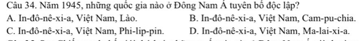 Năm 1945, những quốc gia nào ở Đồng Nam Á tuyên bổ độc lập?
A. In-đô-nê-xi-a, Việt Nam, Lào. B. In-đô-nê-xi-a, Việt Nam, Cam-pu-chia.
C. In-đô-nê-xi-a, Việt Nam, Phi-lip-pin. D. In-đô-nê-xi-a, Việt Nam, Ma-lai-xi-a.