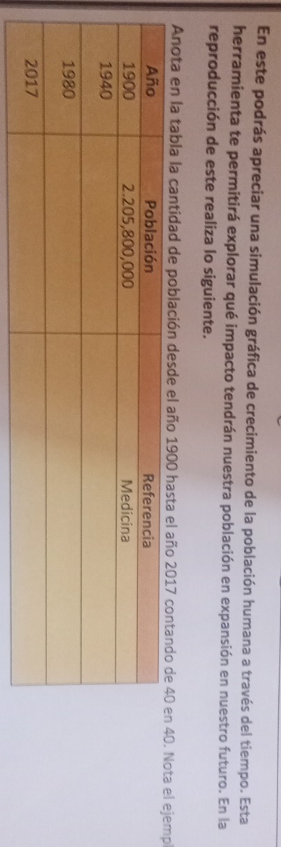 En este podrás apreciar una simulación gráfica de crecimiento de la población humana a través del tiempo. Esta 
herramienta te permitirá explorar qué impacto tendrán nuestra población en expansión en nuestro futuro. En la 
reproducción de este realiza lo siguiente. 
Anota en la tabla la cantidad de población desde el año 1900 hasta el año 20a el ejemp