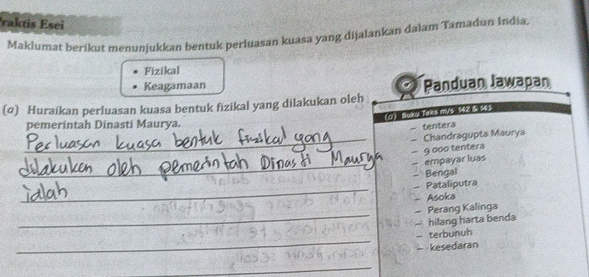 raktis Esei 
Maklumat berikut menunjukkan bentuk perluasan kuasa yang dijalankan dalam Tamadun India. 
Fizikal 
Keagamaan Panduan Jawapan 
(q) Huraikan perluasan kuasa bentuk fizikal yang dilakukan oleh 
n) Buku Teks m/s 142 & 143
pemerintah Dinasti Maurya. 
- tentera 
_Chandragupta Maurya
- 9 000 tentera 
_ 
empayar luas 
Bengal 
_- Pataliputra 
- Asoka 
_ 
- Perang Kalinga 
— hilang harta benda 
_ 
- terbunuh 
— kesedaran 
_