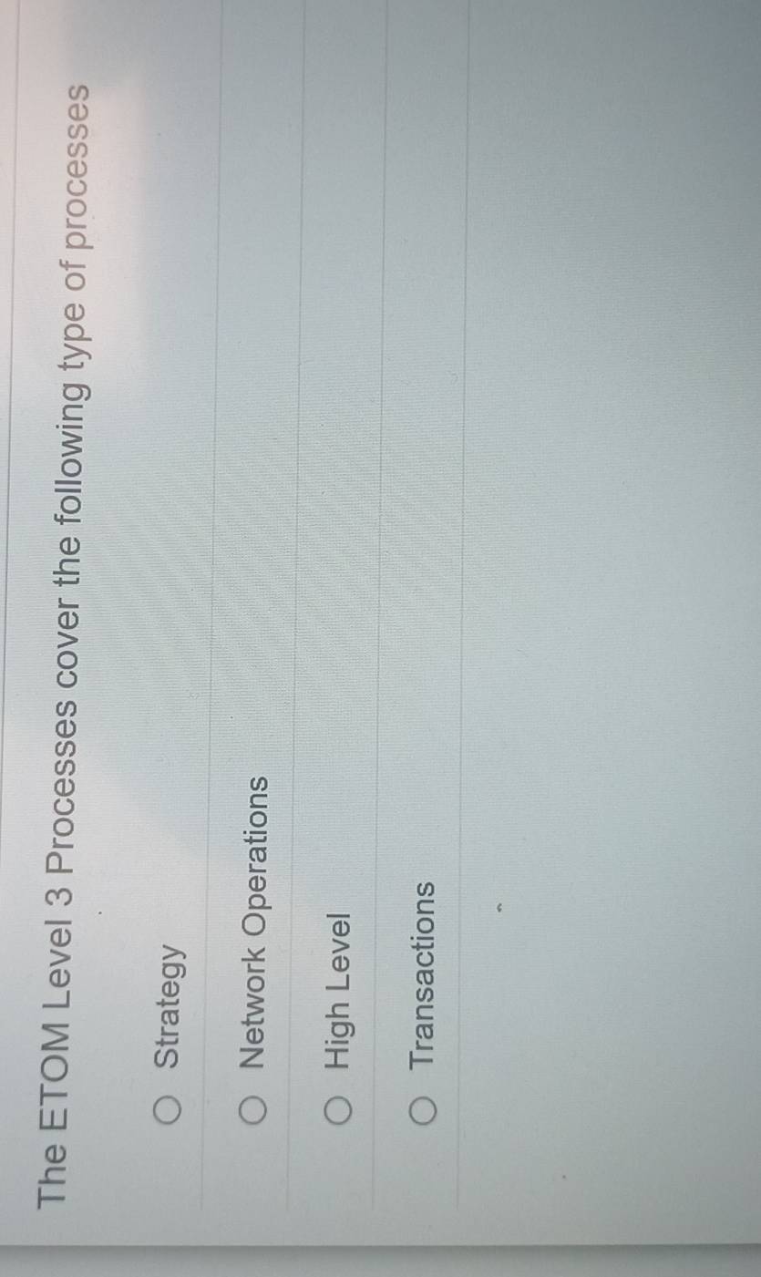 The ETOM Level 3 Processes cover the following type of processes
Strategy
Network Operations
High Level
Transactions