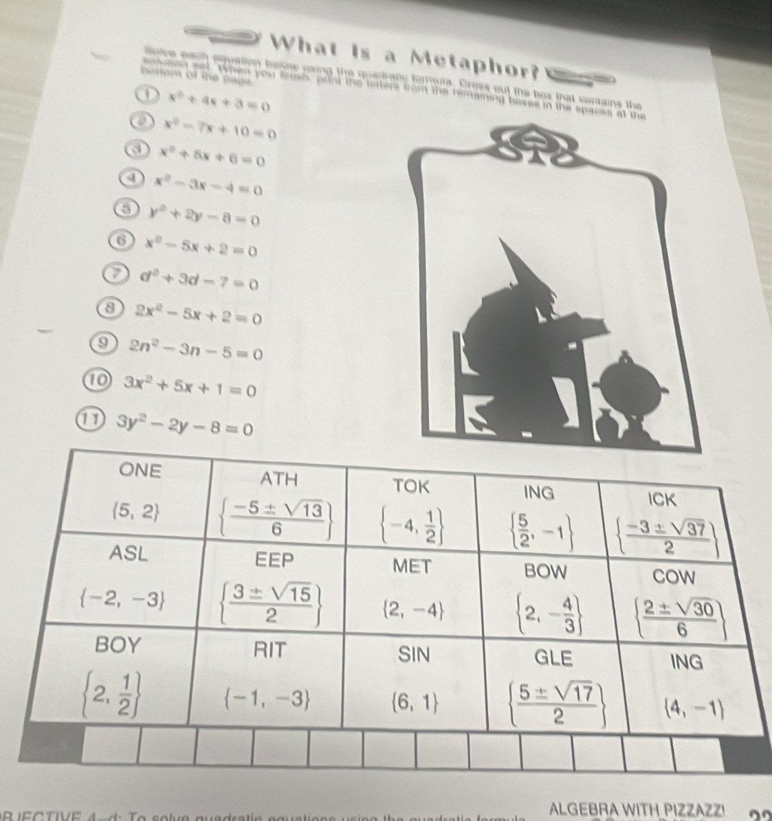 What Is a Metaphor?
ponom of the page
oive each equation beiow csing the quedranc formute. Cross out the box that centains the
eosation eet When you snsh, pftnt the lettere from the remaining boses in the sp
x^2+4x+3=0
x^2-7x+10=0
a x^2+5x+6=0
x^2-3x-4=0
y^2+2y-8=0
6 x^2-5x+2=0
7 d^2+3d-7=0
8 2x^2-5x+2=0
9 2n^2-3n-5=0
10 3x^2+5x+1=0
① 3y^2-2y-8=0
D I E C TIVE 4 d :  T o solvo quadre t l e 
ALGEBRA WITH PIZZAZZ!