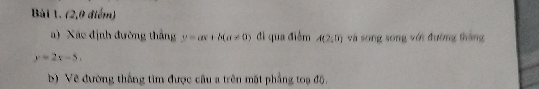 (2,0 điểm) 
a) Xác định đường thắng y-ax+b(a!= 0) đì qua điểm A(2,0) và song song với đường thắng
y=2x-5. 
b) Vẽ đường thắng tìm được câu a trên mật phẳng toạ độ.