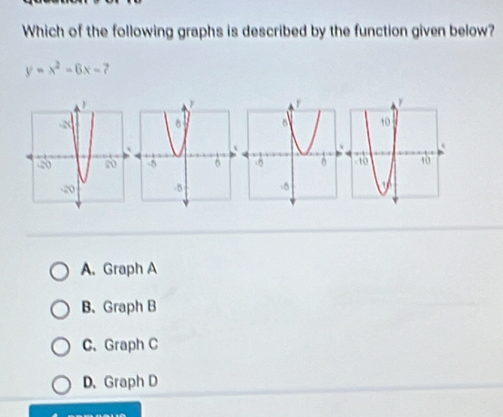 Which of the following graphs is described by the function given below?
y=x^2-6x-
A. Graph A
B、 Graph B
C.Graph C
D. Graph D