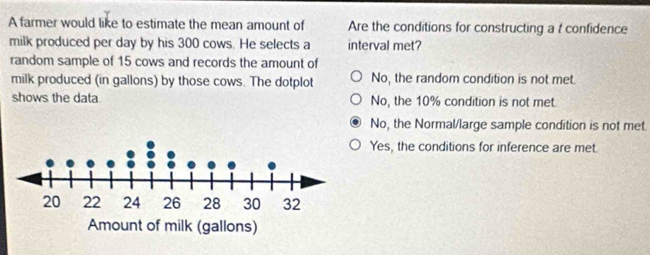 A farmer would like to estimate the mean amount of Are the conditions for constructing a t confidence
milk produced per day by his 300 cows. He selects a interval met?
random sample of 15 cows and records the amount of
milk produced (in gallons) by those cows. The dotplot No, the random condition is not met.
shows the data No, the 10% condition is not met.
No, the Normal/large sample condition is not met.
Yes, the conditions for inference are met.