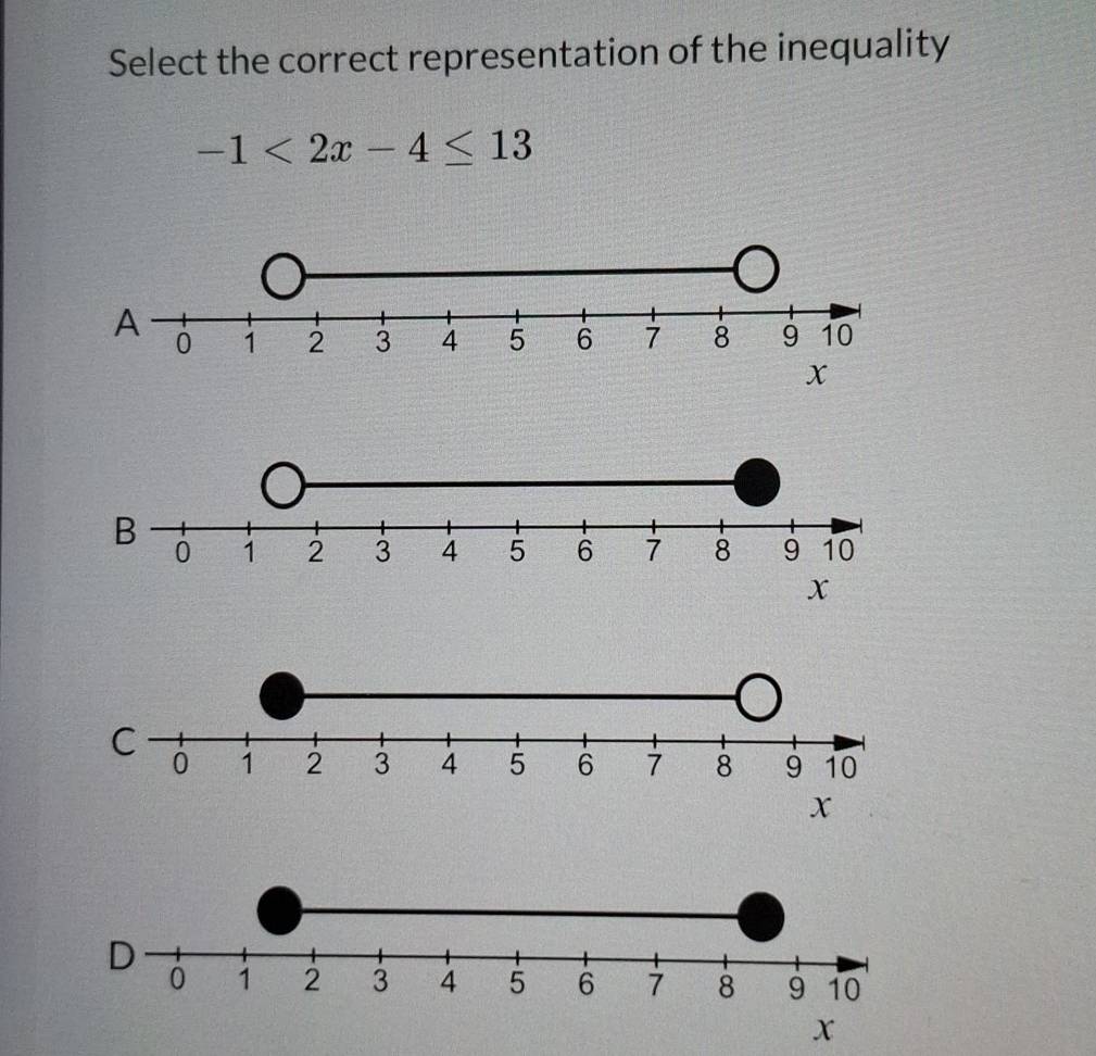 Select the correct representation of the inequality
-1<2x-4≤ 13
x
x