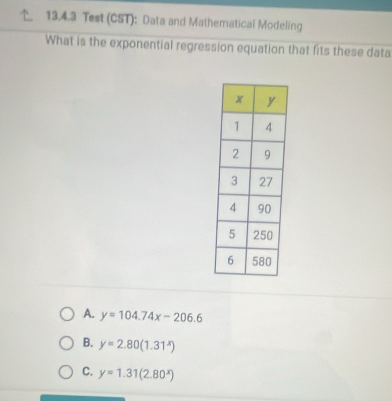 Test (CST): Data and Mathematical Modeling
What is the exponential regression equation that fits these data
A. y=104.74x-206.6
B. y=2.80(1.31^x)
C. y=1.31(2.80^x)