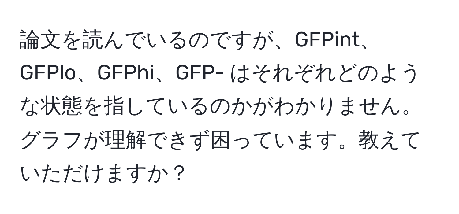 論文を読んでいるのですが、GFPint、GFPlo、GFPhi、GFP- はそれぞれどのような状態を指しているのかがわかりません。グラフが理解できず困っています。教えていただけますか？