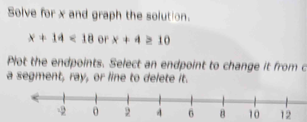 Solve for x and graph the solution.
x+14<18</tex> or x+4≥ 10
Plot the endpoints. Select an endpoint to change it from c 
a segment, ray, or line to delete it.